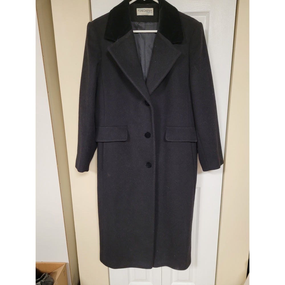 FORECASTER Black 100% Wool Classic Long Winter Coat Sz 12‎ CHIC Velvet Collar
